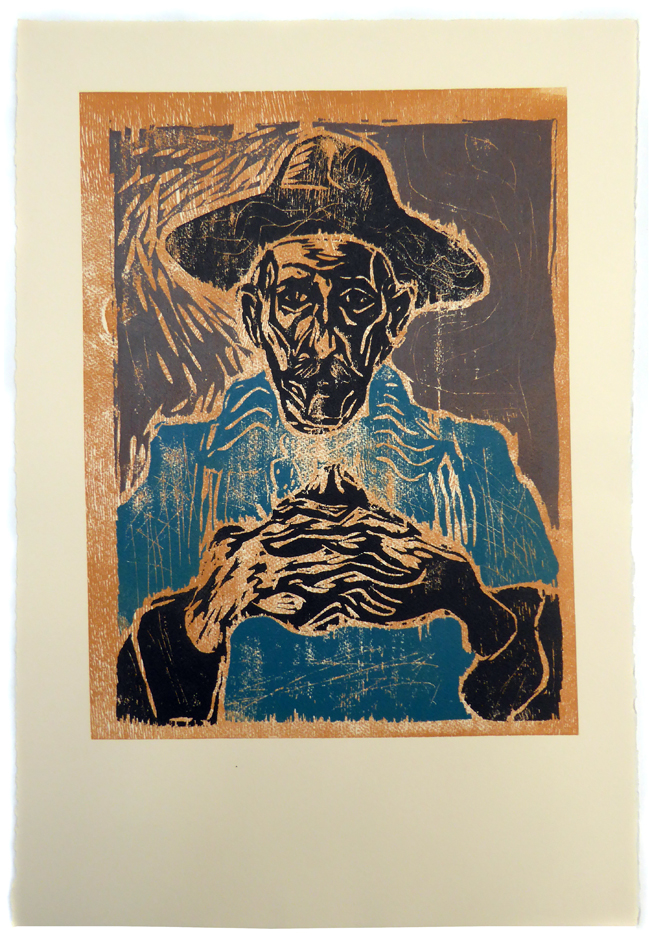 Billy Childish Self-Portrait In Hat woodcut print