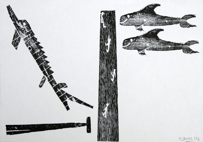 NEAL JONES: Pier and Fish - woodblock print