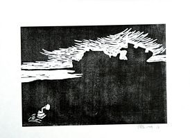 PETE BENNETT: Castle Collapsed in the Sand - Linocut print