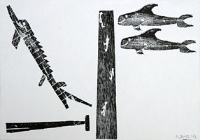 NEAL JONES: Pier and Fish - woodblock print